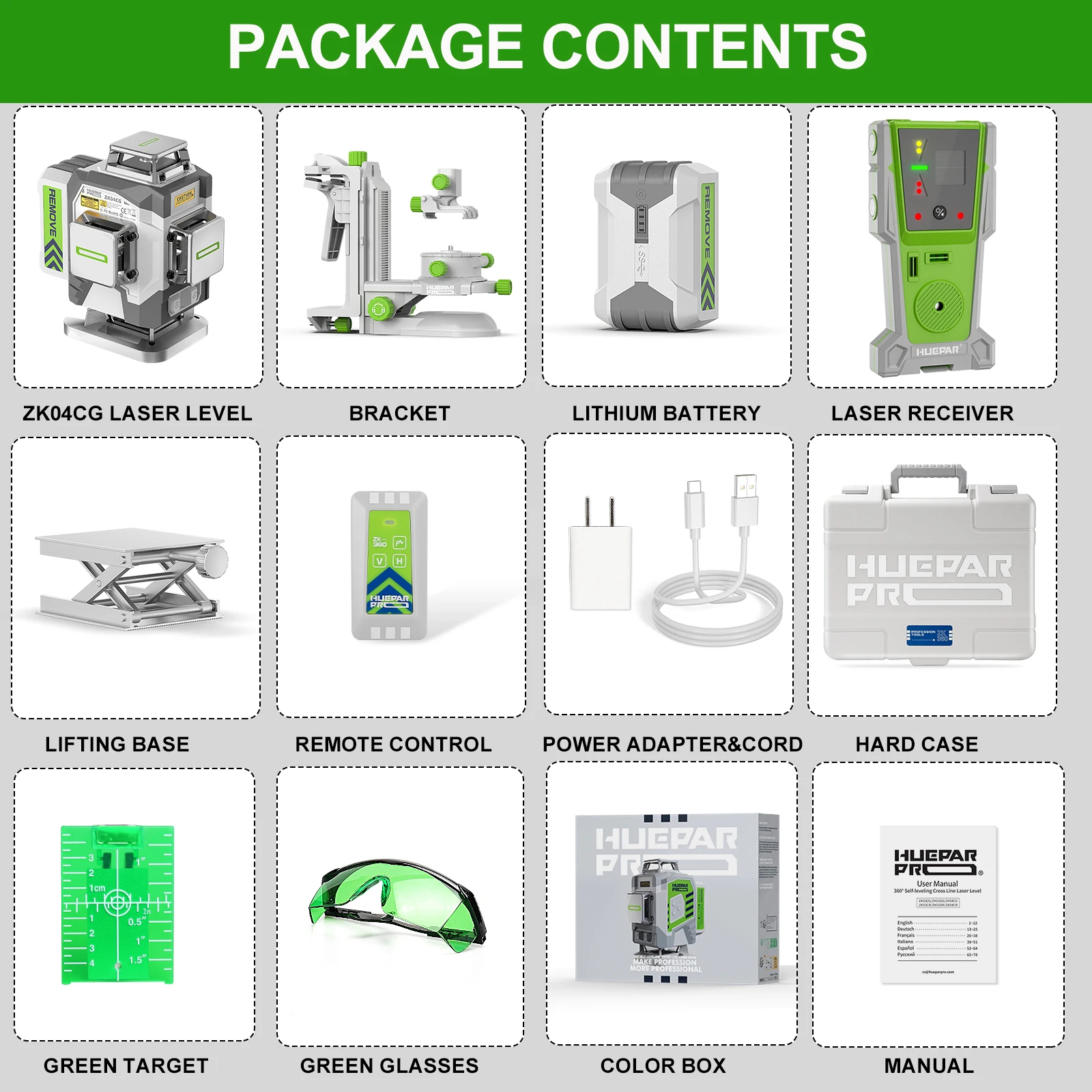 Huepar Pro ZK04CG 4D Cross Line Laser Level + Receiver - Image 6